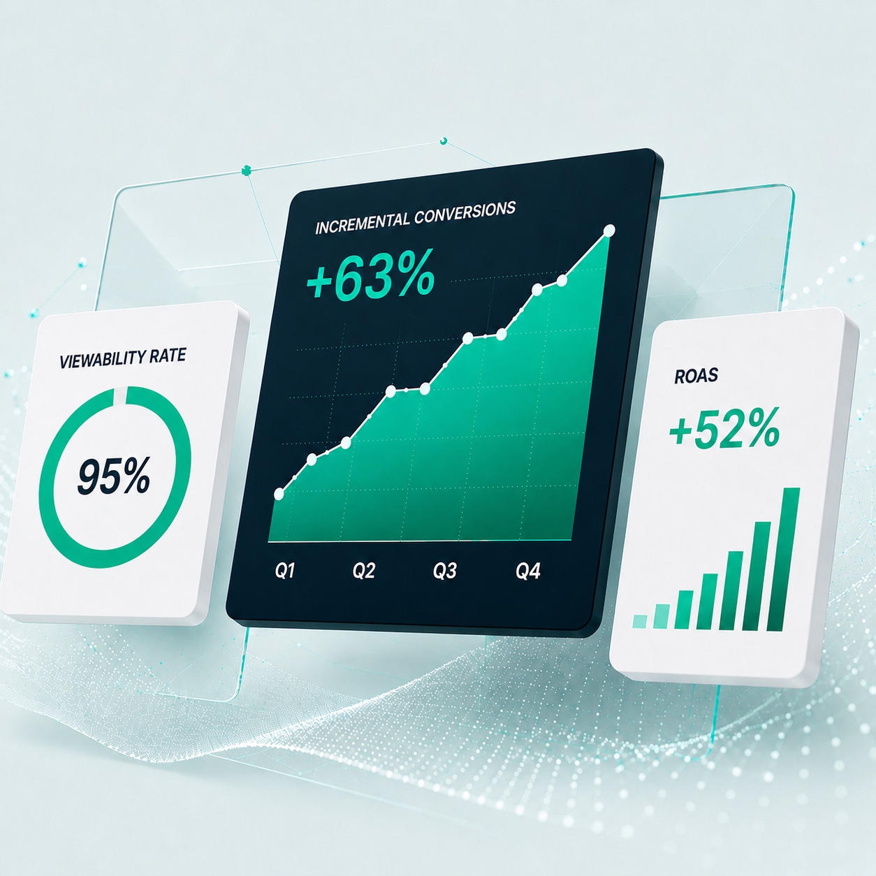 Floating dashboard cards showing a ninety-five percent viewability rate, plus sixty-three percent incremental conversions, and plus fifty-two percent return on ad spend.